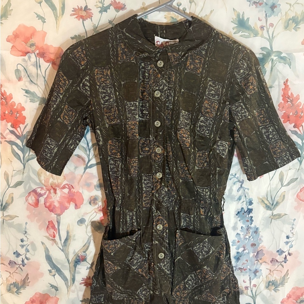 Women's Button Down Shirt - Olive Green Pattern